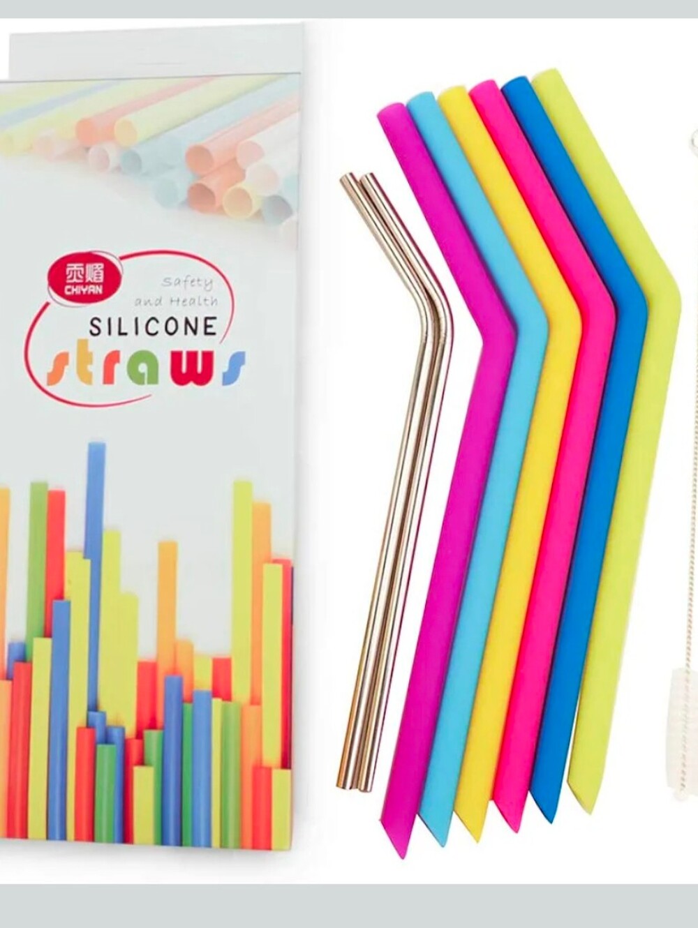 Silicone Drinking Straws 6 Silicone Straws + 2 Stainless Steel Straws & Brushes